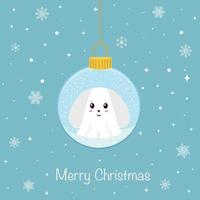 A Christmas tree ball with a cute rabbit. The decoration of the Christmas tree is highlighted on a white background. A symbol of a happy New Year, celebration of Christmas holidays, winter. vector