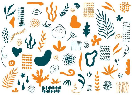 Minimalist abstract nature art shapes collection. Doodle bundle for fashion design. Modern hand drawn plant leaf and tropical shape decoration set.