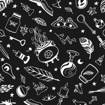 Seamless pattern with hand drawn magic tools, concept of witchcraft. Witchcraft, magic background for witches and wizards.