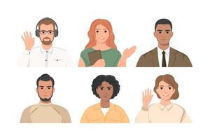 Diverse multinational group of women and men. Online meeting, video conference concept. Vector illustration in flat style.