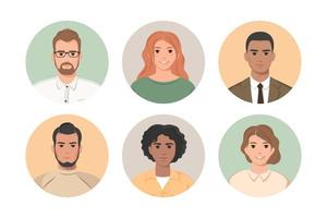 Set of diverse young people avatars in circles isolated on white background. Male and female characters faces for user account and profile. Vector illustration in style