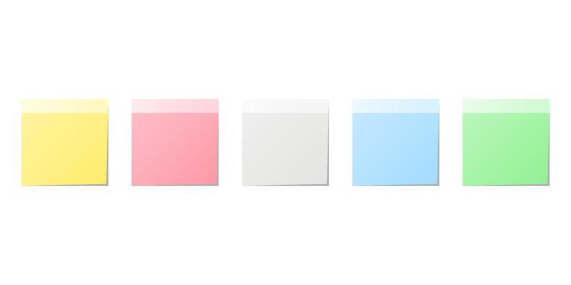 Set of yellow, pink, grey, blue, and green paper sticky notes isolated on white background.