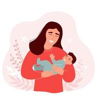 A young African-American woman with a baby in her arms. Mom and baby baby together. Happy family. Vector graphics.