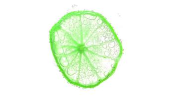 suculentas fatias de limão com bolhas debaixo d'água, isoladas no fundo branco. fatias de limão verde plano de fundo texturizado. video