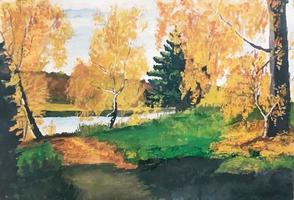autumn landscape, hand-painted with gouache paints