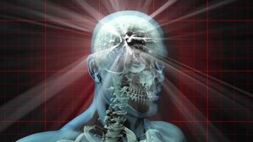 un cráneo humano giratorio y un cerebro cargado eléctricamente con pensamiento - bucle video