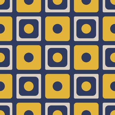 Colorful simple geometric pattern. Yellow-blue color small geometric square circle random shape seamless pattern background. Use for fabric, interior decoration elements, upholstery, wrapping.