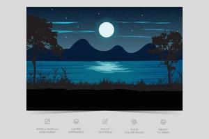 Night river view nature scene landscape design. Flat illustration background design template vector