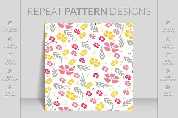 Hand drawn seamless ornamental colorful flowers floral pattern background design flat illustration