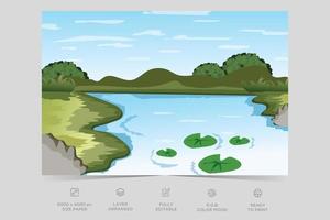 Beautiful river side nature scene landscape design. Flat illustration background template vector