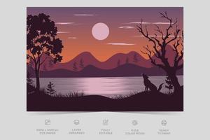 hermosa escena de la naturaleza del río en la tarde. plantilla de fondo de diseño de paisaje de ilustración plana vector