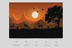 puesta de sol o amanecer en el bosque con ciervos, árboles y cielo colorido diseño de ilustrador plano vector