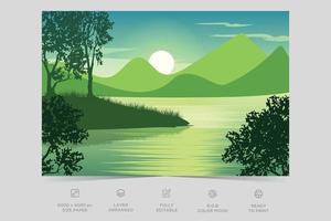hermoso paisaje colorido río lado naturaleza escena plana ilustración fondo diseño plantilla vector