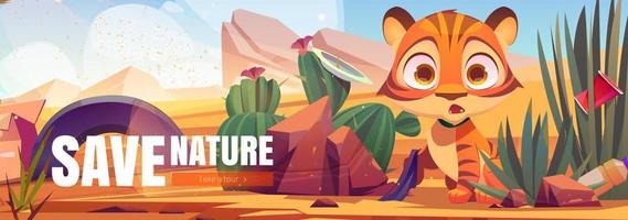 Save nature cartoon web banner, funny tiger cub vector