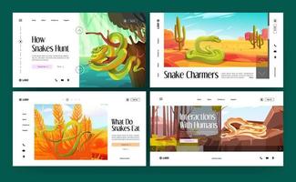 Snakes life in the wild cartoon landing pages set vector