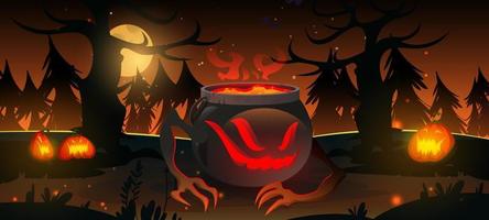 Creepy witch cauldron with potion in night forest vector