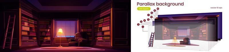 Parallax background luxury old library 2d interior vector