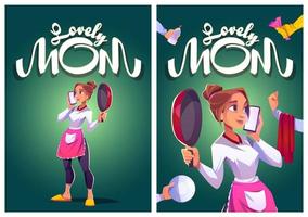 Lovely mom cartoon posters, housewife multitasking vector