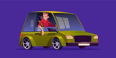 Man sitting in the car, driver cartoon character vector