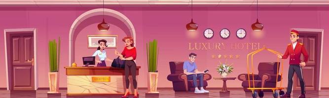 Guests and staff in luxury hotel lobby vector