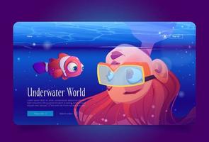 Underwater world cartoon landing page, diving vector