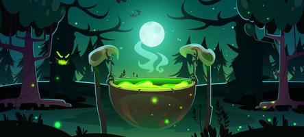 Witch cauldron in night forest Halloween scene vector