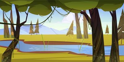 Cartoon forest background with flow under trees vector