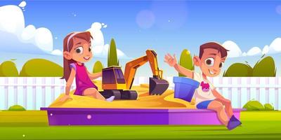 Children playing in sand box, kids sit in sandbox vector