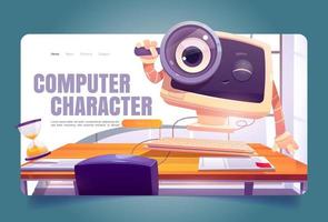 Computer character at office desk landing page vector