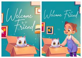 Welcome friend poster with cat in cardboard box