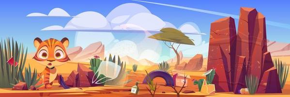 Desert landscape with scared tiger and trash vector