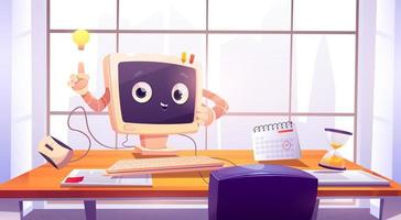 Computer character at office desk, cute pc desktop vector