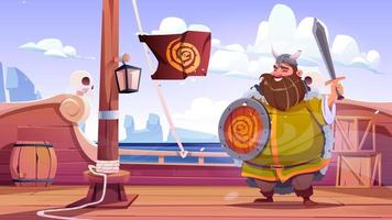 Viking character with sword and shield on ship vector