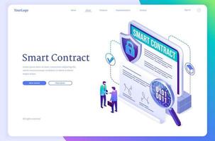 Smart contract isometric landing page, signature vector