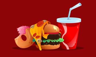 Fast food meals burger, pizza slice, donut, cola vector