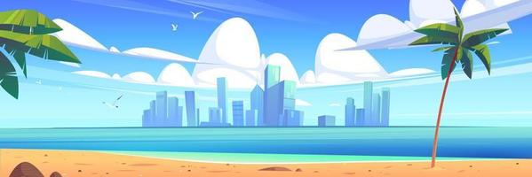 paisaje marino con playa y ciudad en el horizonte vector