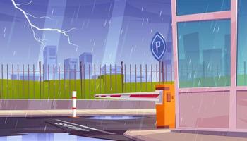 Parking security entrance at rainy weather, storm vector