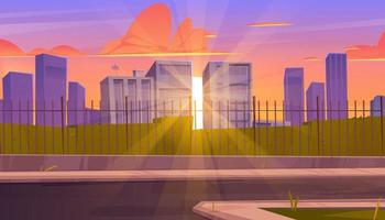 horizonte de la ciudad al atardecer, fondo urbano con sol vector