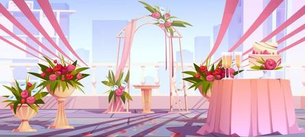 arco de boda y decoración en la azotea del rascacielos vector