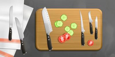 Vegetable slices lying on cutting board with knife vector