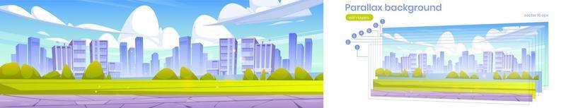 Parallax background with cityscape and green lawn vector