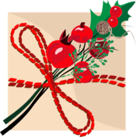 regalo scatola avvolto nel beige carta decorato con un' ramo di il ciliegia pianta con suo verde le foglie e allegato per il regalo scatola con un' rosso nastro png