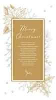 Merry Christmas and Happy New Year greeting card with hand drawn golden evergreen branches and cones on white background. Vector illustration in sketch style