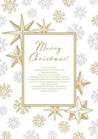 Merry Christmas and Happy New Year vertical greeting card with hand drawn golden stars and snowflakes on white background. Vector illustration in sketch style