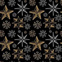 Merry Christmas and Happy New Year seamless pattern with golden hand drawn stars and snowflakes. Festive background. Vector illustration in sketch style
