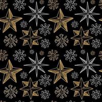 Merry Christmas and Happy New Year seamless pattern with golden hand drawn stars and snowflakes. Festive background. Vector illustration in sketch style