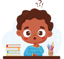 Surprised thoughtful black boy at table with books and stationery png