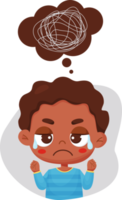 Sad crying black ethnic boy and bubble with confused thoughts png