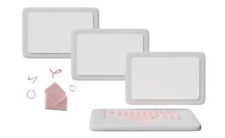 ordinateur portable gris avec enveloppe isolée. envoi, réception de concept de marketing par e-mail, illustration 3d ou rendu 3d png