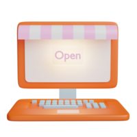 orange laptop computer monitor with store front, open label tag isolated. online shopping concept, 3d illustration or 3d render png